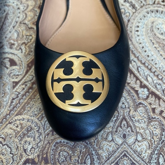 Tory Burch Benton Ballet Flats Shoes Black Nappa Leather Gold Tone Logo Size 7.5 - Picture 11 of 13